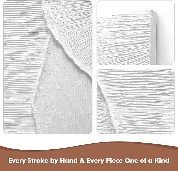 Hand-Painted Oil Painting Canvas White Wall Art, 3D Textured Wall Decor | Modern Vertical Canvas Wall Art, 24x36 in Contemporary Minimalist Handmade Artwork for Home Office Corridor Decoration, Gifts