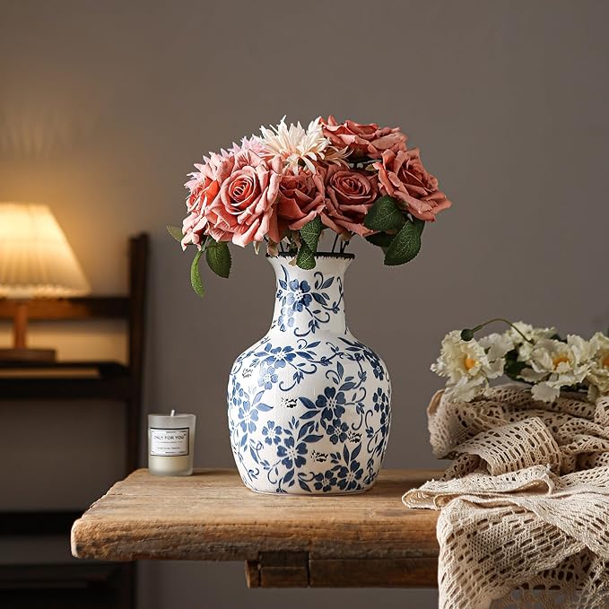 SURE YUESI Blue and White Flower Vase Vintage Chinoiserie Floral Ceramic Vase Handcrafted Round Flower Vase for Home Decor Centerpieces Living Room, Bookshelf, Office Rustic Table Centerpiece 9 in