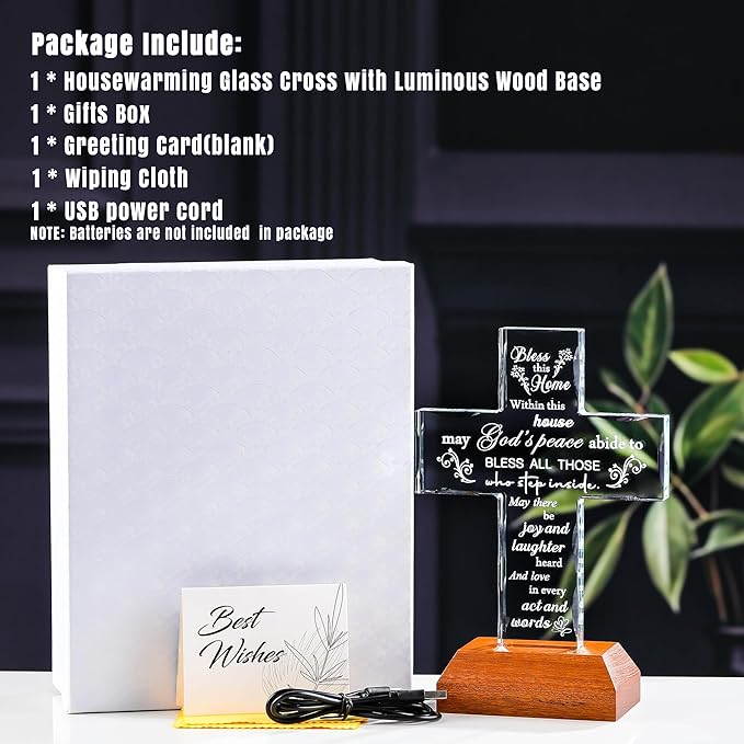 Ornalrist Housewarming Gifts New Home Glass Stand Cross Religious Keepsake with Multicolor LED Wooden Base, House Warming Gift for Couples, Women, Men - Christian Families Decor