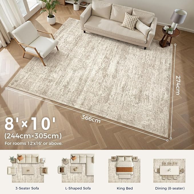 DMOYEST Area Rug Living Room Rugs - 8x10 Abstract Large Soft Indoor Washable Rug Neutral Modern Low Pile Carpet for Bedroom Dining Room Farmhouse Home Office - Vintage Beige