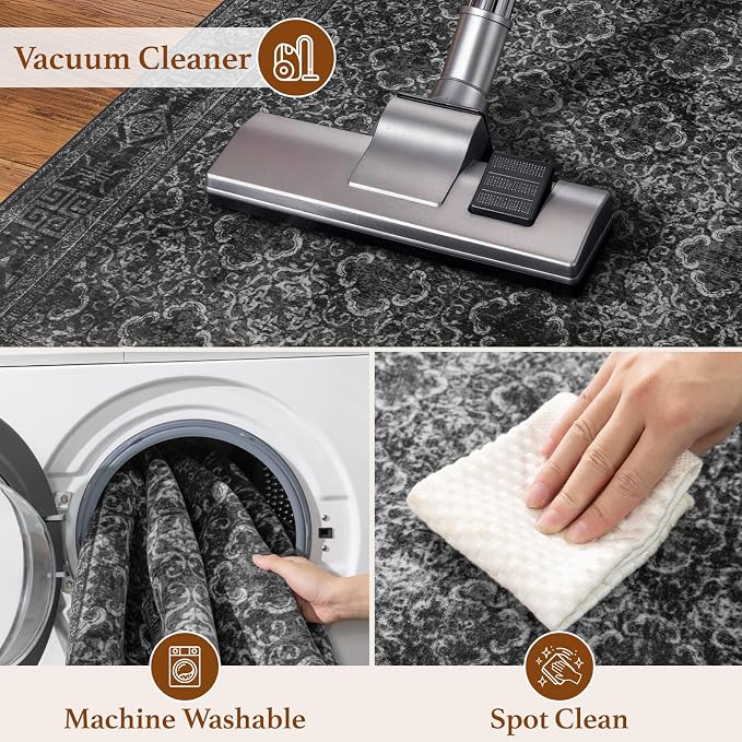 LIANLAM 2x3 Washable Area Rug, Vintage Boho Traditional Pattern, Non-Slip Stain Resistant Rug for Living Room Bedroom(2x3,Black/Boho)