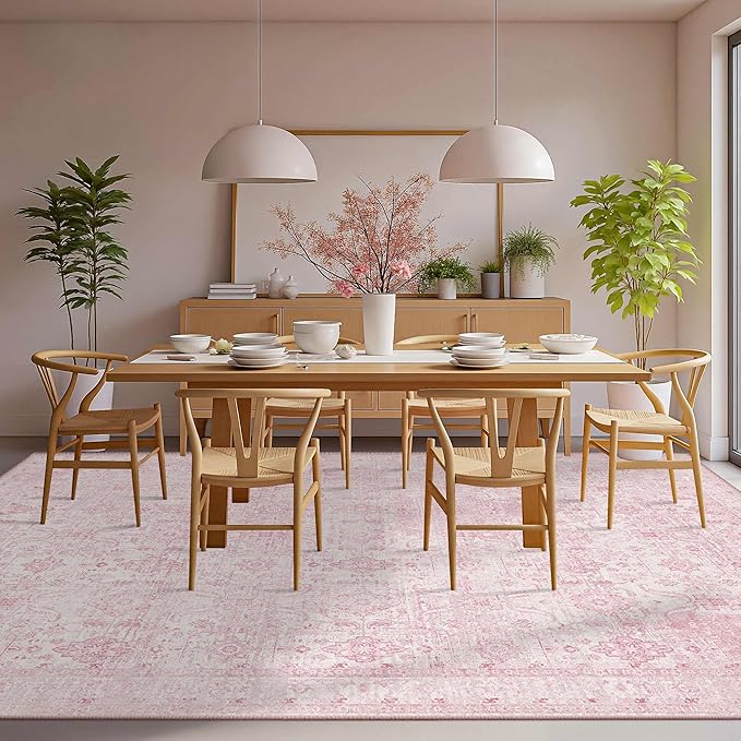 Rugxara 8x10 Area Rugs for Living Room Bedroom,Pink Large Washable Neutral Rug, Vintage Floral Retro Boho Non Slip & Low Pile Carpet for Indoor Dining Room, Classroom, Dorm, Nursery and Kids Room