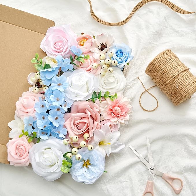 Artificial Flowers Combo Box, 39PCS Fake Flowers, Silk Flower Mix with Wire Stem, DIY Wedding Bridal Bouquet for Arrangement, Shower Party Home Décor, Soft Pastel Mix