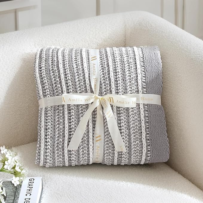 Amélie Home Striped Knit Throw Blanket for Couch, Dual-Sided Soft Chenille Decorative Blankets for Sofa & Chair, 50"x60", Gray & White