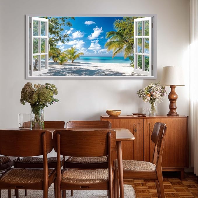 Ggaafet Tropical Beach Window Wall Art for Living Room Canvas Painting Prints Beautiful Palm Tree Art Deco Modern Artwork Office Bedroom Family Room Decor Large