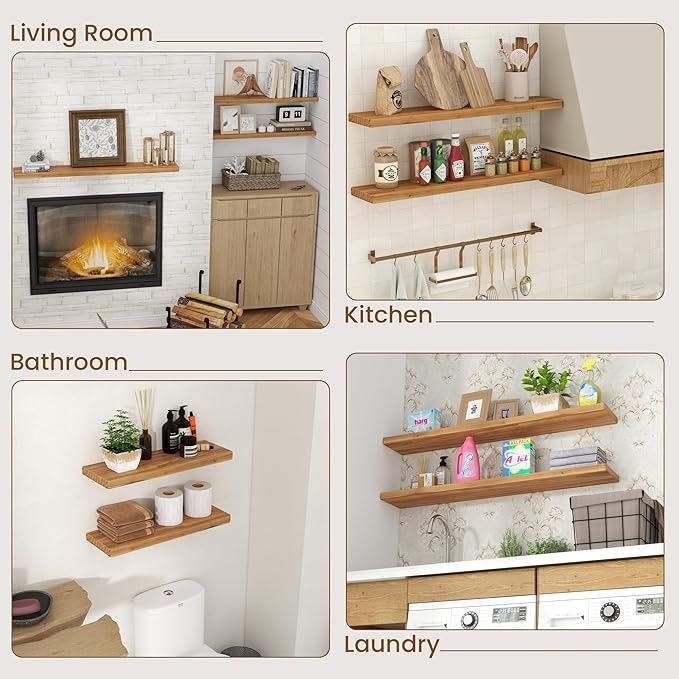 Floating Shelves for Wall, 48"Wx8"D Rustic Solid Elm Wood Floating Shelves Wall Mounted, Round Edge Wall Shelves with Invisible Bracket for Living Room Bathroom Bedroom Kitchen, Set of 1, Natural