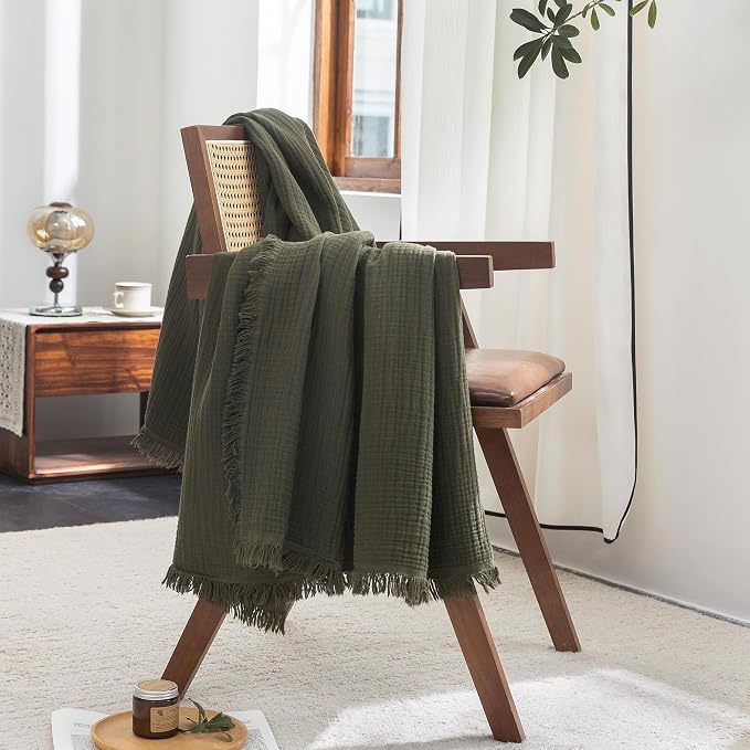 FOSSA Muslin Blanket 4-Layer 100% Cotton Gauze Blanket with Fringe 50"x70" | Super Soft Breathable Lightweight All Season & Decorative Blanket or Bed, Sofa, Office (Olive Green,Throw XL)