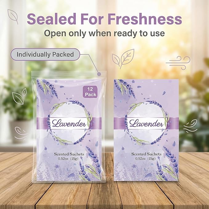 12 Packs Lavender Scented Sachets for Closets and Drawers - Natural Lavender Essential Oil Hanging Bags with Retractable Hook - Ideal for Lingerie, Silk Sheets, Bedding & Nightwear Care