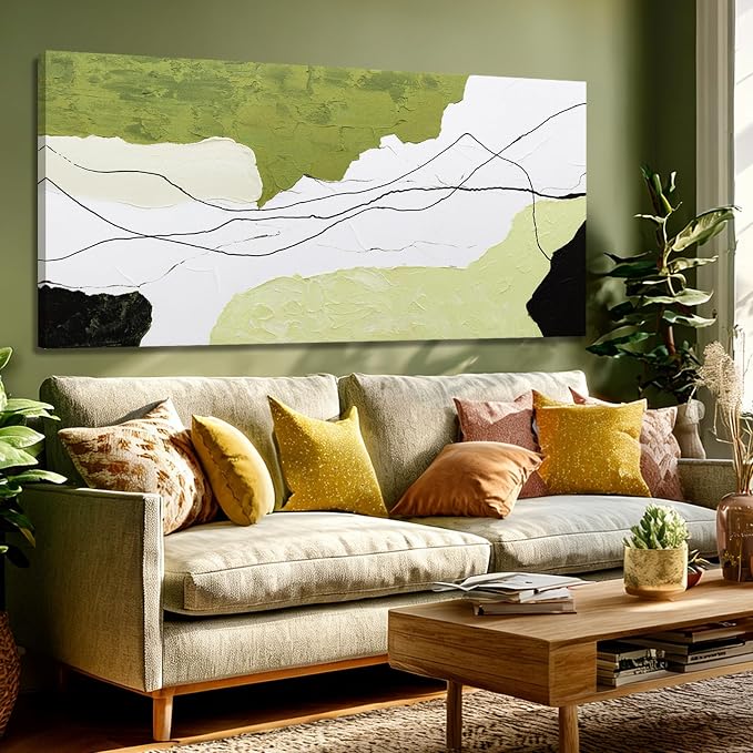 Dolidoteart Green White Black Canvas Wall Art, Hand Painted Abstract Oil Painting, Large Modern Wall Decor for Living Room Bedroom Office, Horizontal 24x48 Inch