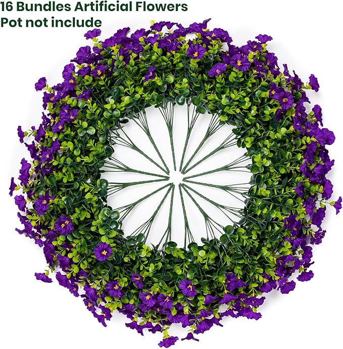 Nigirior Artificial Faux Flowers for Outdoor 16 Bundles Boxwood Fake Morning Glory for Planter,UV Resistant Fake Flowers for Home Porch Patio Outside（Purple）