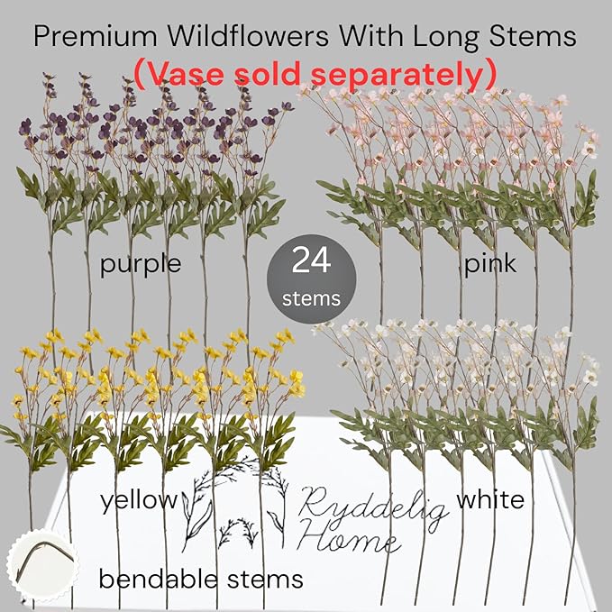 RyddeligHome 24 Stems Artificial Wildflower Bouquet - 23" Tall Faux Silk Flowers for Spring Decorations - Yellow, Pink, White & Purple Flowers for Large Vases - Spring Table Centerpiece & Home Decor