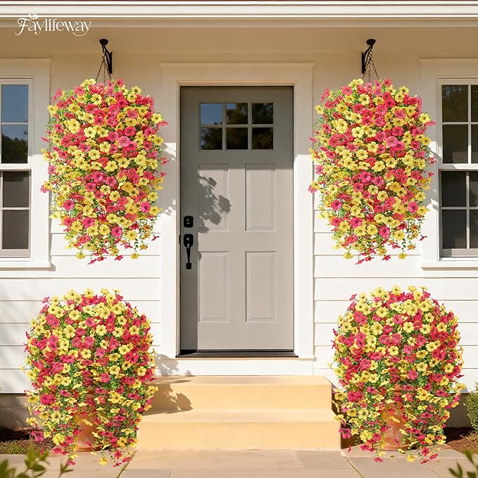 Artificial Hanging Flowers for Outdoors Spring Summer Decoration, 8PCS UV Resistant Silk Fake Hanging Plants for Patio Porch Front Yard Window Garden Indoor Decor(Hot Pink&Yellow,8PCS)