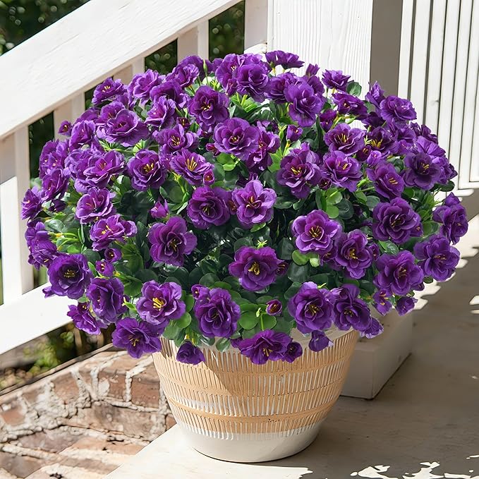 Artificial Faux Outdoor Flowers Plants for Spring Summer Decoration, Fake Silk Camellia UV Resistant Look Real for Planter Outside Front Door Porch Patio Balcony, 3 Large Bundles (Dark Purple)