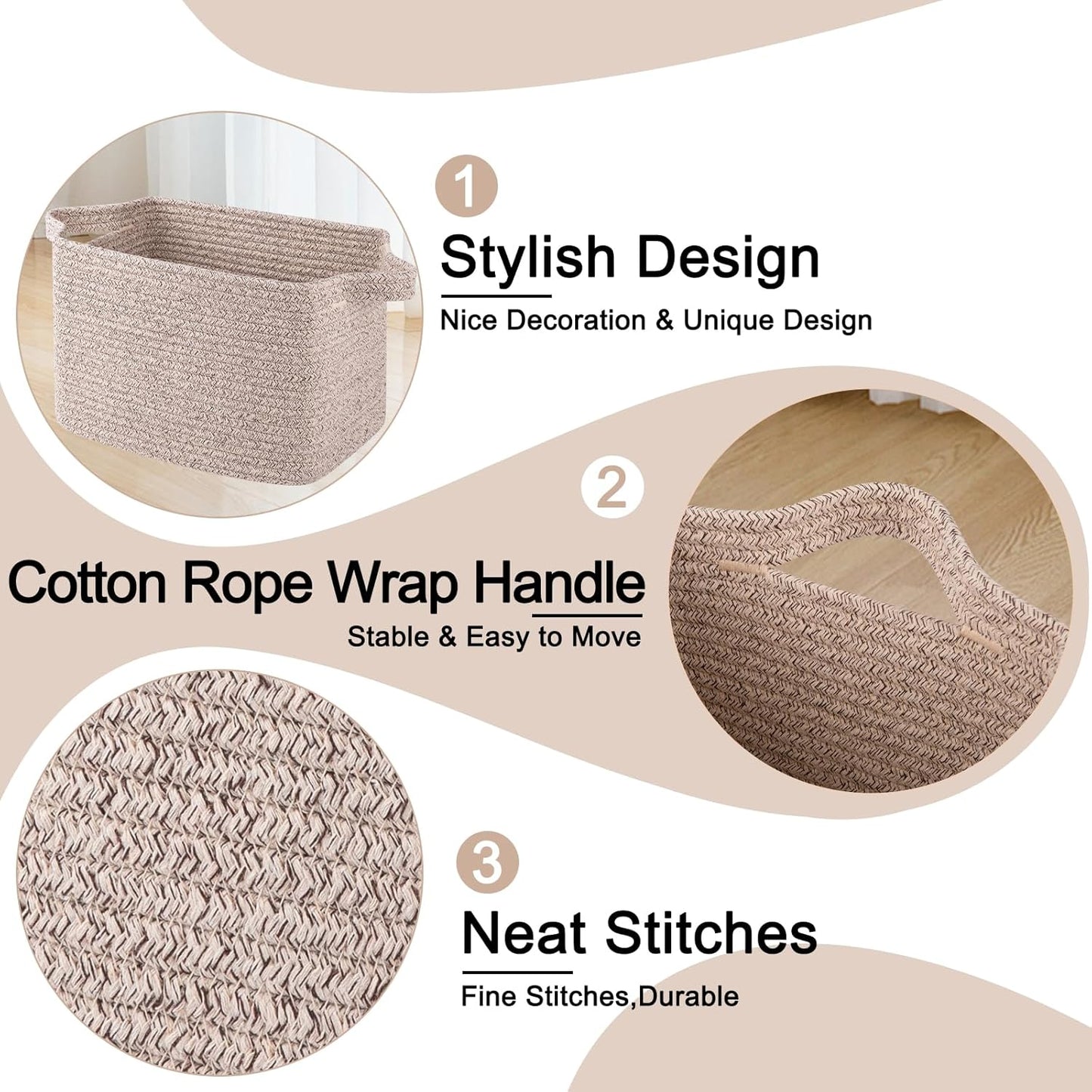 OIAHOMY Storage Basket, Woven Baskets for Storage, Cotton Rope Basket for toys,Towel Baskets for Bathroom - Pack of 3, Pure Brown