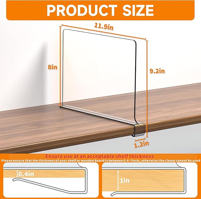 Yieach 4 Pack Clear Acrylic Shelf Divider for Closet Organization - 9.2″ Tall Closet Dividers for Wood Shelves,Cupboard,Vertical Shelf Separators in Closet for T-Shirt,Purse,Handbag,Sweater Organizer