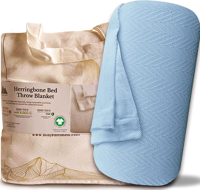 Mayfair Linen Cotton Throw Blankets for Bed King Size - Herringbone Pattern Cotton Blankets King Size (1 PC, Light Blue), Breathable, Soft & Cozy Thermal All Season Throw for Bed Couch Chair Outdoors