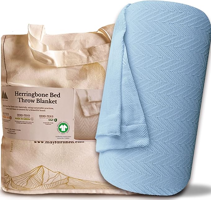 Mayfair Linen 100% Pure Cotton, Luxury Twin/Twin XL Size Light Blue Blanket - Herringbone Pattern, Soft &Cozy Premium Fall Bed Blanket for All Seasons, 350GSM & 68x92 with Free Tote Bag.