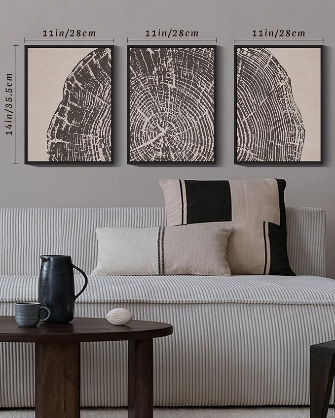 PHOPAGO Farmhouse Vintage Framed Wall Art Set Gray Wood Tree Ring Spirals Nature Abstract Drawings Rustic Modern Art Decor for Living Room Bedroom - 11x14in Black Framed