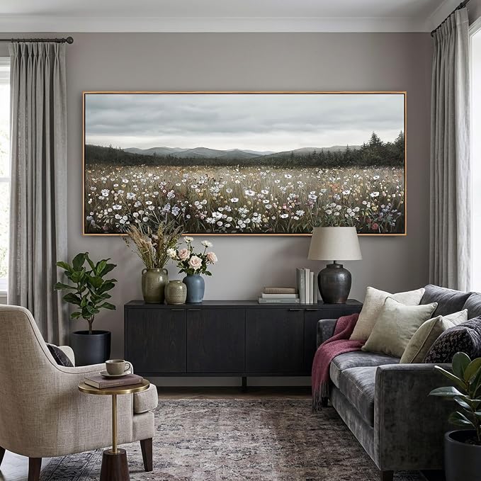 HGUAOA Vintage Landscape Wall Art for Bedroom and Living Room - Large Floral Artworks Farmhouse Wall Decor - Framed Neutral Nature Pictures - Above Bed Wall Decor with Mountain Scenery