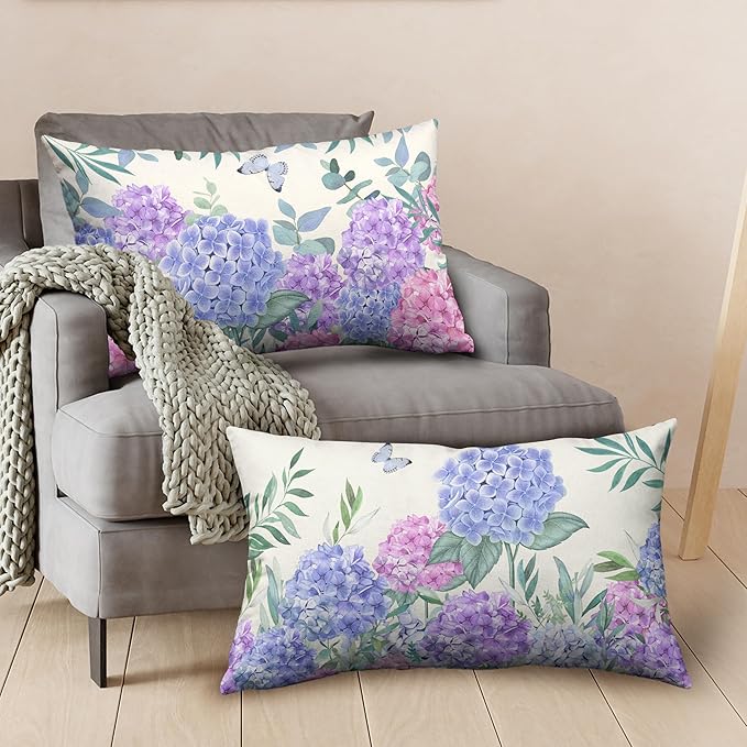 Hydrangea Lumbar Pillow Covers 12x20 Set of 2 Spring Flowers Outdoor Pillow Covers Blue Purple Hydrangea Eucalyptus Throw Pillowcase Cotton Linen Cushion Case for Sofa Outdoor Patio