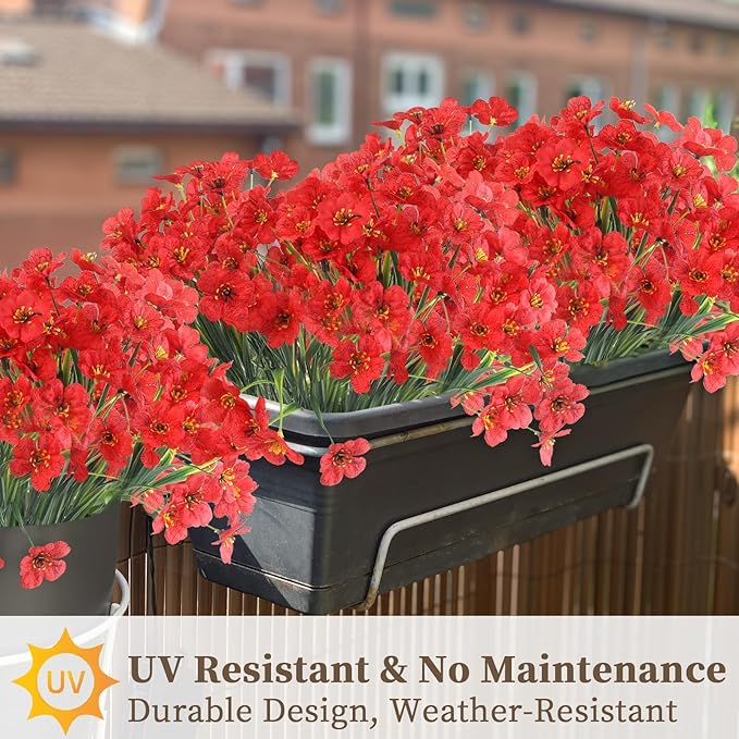 ColoPlay 24 Red Bundles Artificial Flowers for Outdoors/Indoors Fake Flowers Plants for Indoor Outside Garden Porch Window Box Home Wedding Farmhouse