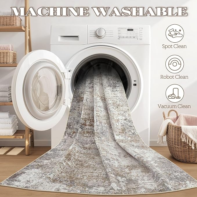 DMOYEST Area Rug Living Room Rugs - 9x12 Washable Large Soft Indoor Neutral Modern Abstract Low Pile Rug Carpet for Bedroom Dining Room Farmhouse Home Office - Brown/Grey/Black