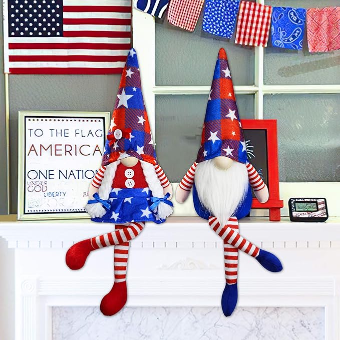 2Pcs 4th of July Patriotic Gnomes Plush Decorations- Mr & Mrs Handmade Swedish Tomte Gnomes Ornaments for 250th Anniversary Patriotic Party Table Decor-Fourth of July Party Home Mantle Fireplace Decor