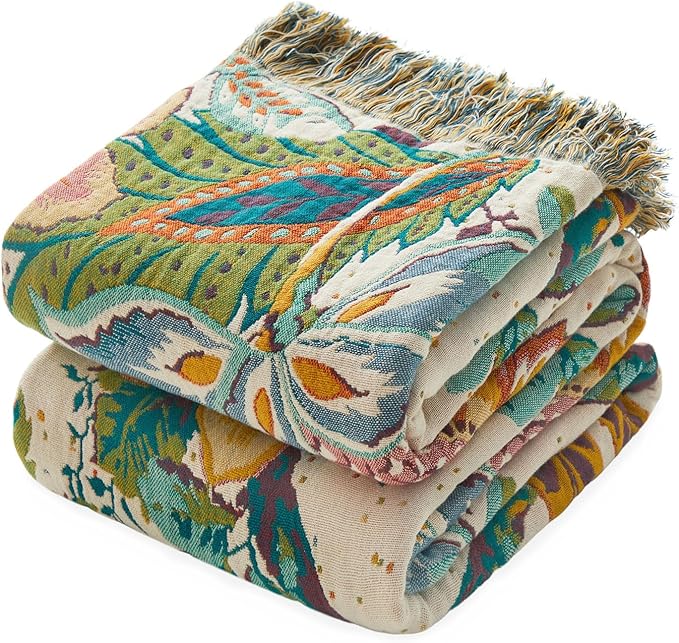 MSGKV Boho Throw Blanket for Bed Couch 100% Cotton Blanket 60"x80" Summer Breathable Farmhouse Lightweight Muslin Blankets Home Decor