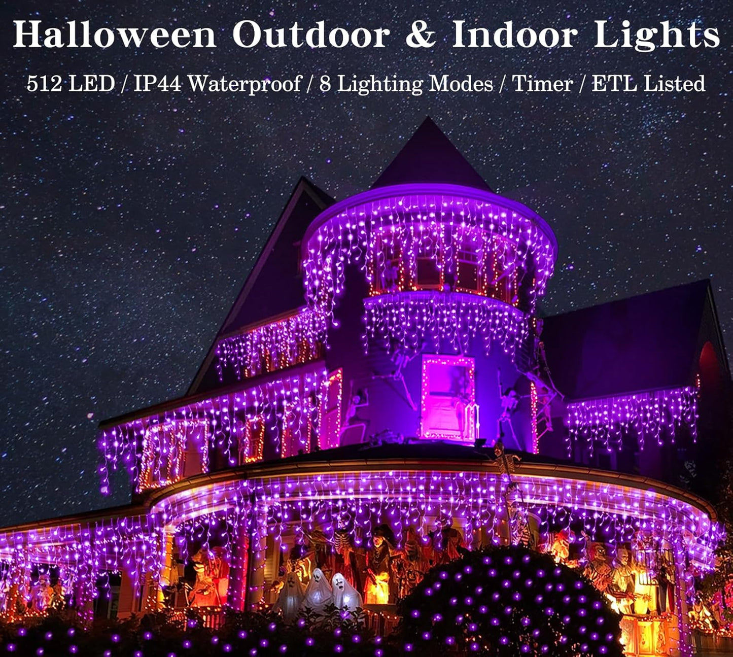 YiYLunneo Halloween Icicle Lights Outdoor, 512 LED 46.5 FT 8 Lighting Modes with Timer & Memory, Curtain Fairy String Lights with 96 Drops for Halloween Decorations Holiday Party Eaves Yard (Purple)