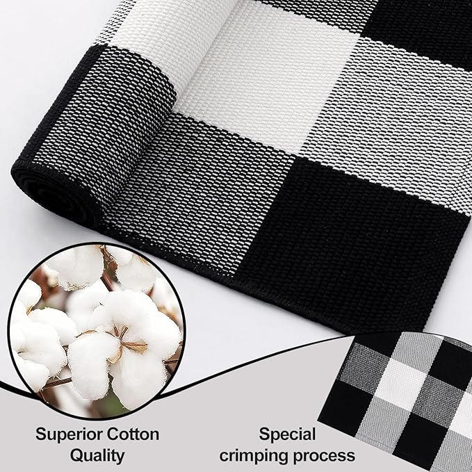 OLANLY Buffalo Plaid Rug 5' x 7' – Black and White Cotton Checkered Doormat, Washable Indoor Outdoor Rug for Layered Front Porch, Kitchen, Entryway Decor
