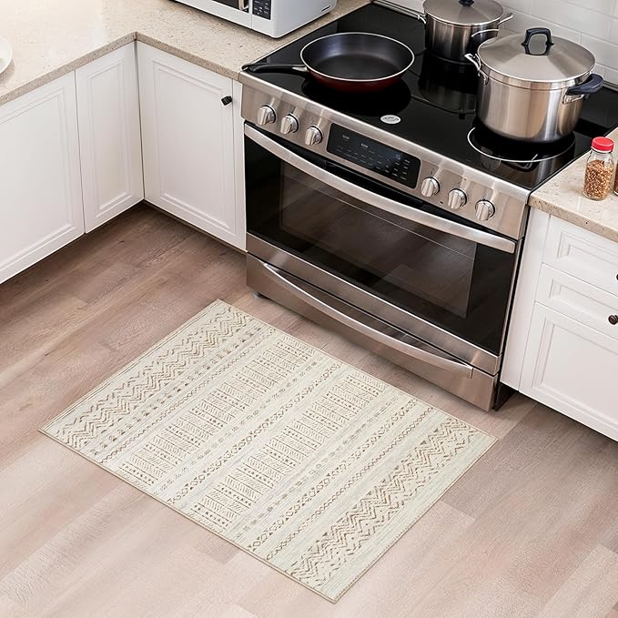 cotiled Washable 2x3 Entryway Rug: Washable Boho Rugs with Non Slip Backing Small Soft Indoor Stain Resistant Carpet for Kitchen Front Lightweight Home Decor Brown/Cream