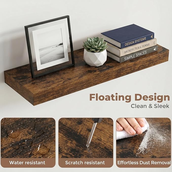 24 Inch Floating Shelves for Wall, 8"D Wood Storage Shelves, Brown Finish | Engineered Wood, Invisible Bracket, Large Storage, Easy Install, Hold Up to 44lbs, Living Room, Bathroom, Bedroom, Kitchen