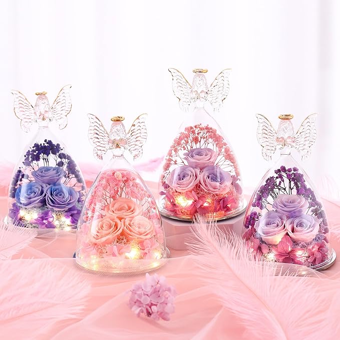 Mothers Day Rose Gifts for Women Preserved Real Flower in Glass Angel Figurines Roses for Delivery Prime Birthday Gifts for Mom Grandma Girlfriend Wife Her, Champagne