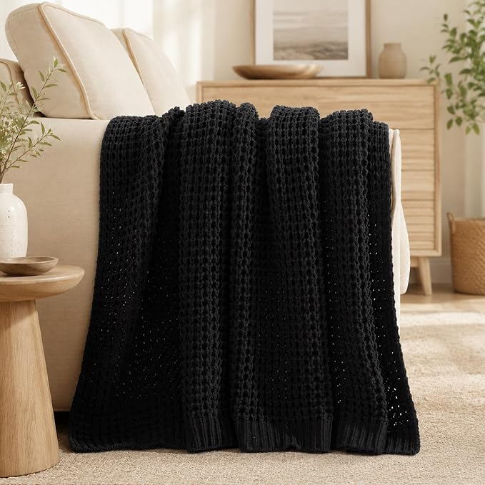 Bunnikins & Clover Black Waffle Knit Throw Blanket, Cozy Stylish Black Blanket for Sofa Bedroom, Home Decor, 50"x60"
