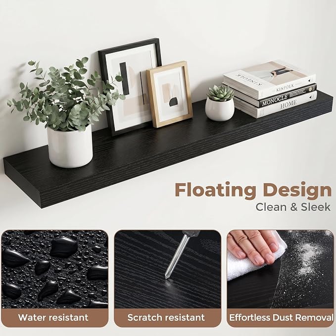40 Inch Floating Shelves for Wall, 8"D Wood Storage Shelves, Black Finish | Engineered Wood, Invisible Bracket, Large Storage, Easy Install, Hold Up to 66lbs, Living Room, Bathroom, Bedroom, Kitchen