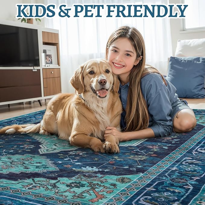 Tangsoo Vintage Teal 2X6 Washable Runner Rug for Hallways, Non Slip Hallway Rugs, Oriental Soft Low Pile Long Rug Carpet Runners for Kitchen Bedroom Entryway Bathroom Living Room Home Decor