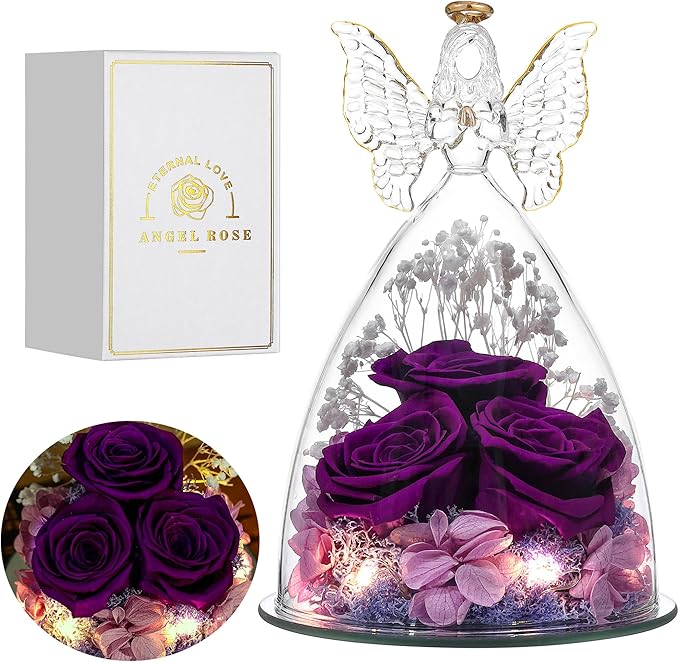 Mothers Day Rose Gifts for Women Preserved Real Flower in Glass Angel Figurines Roses for Delivery Prime Birthday Gifts for Mom Grandma Girlfriend Wife Her - Purple