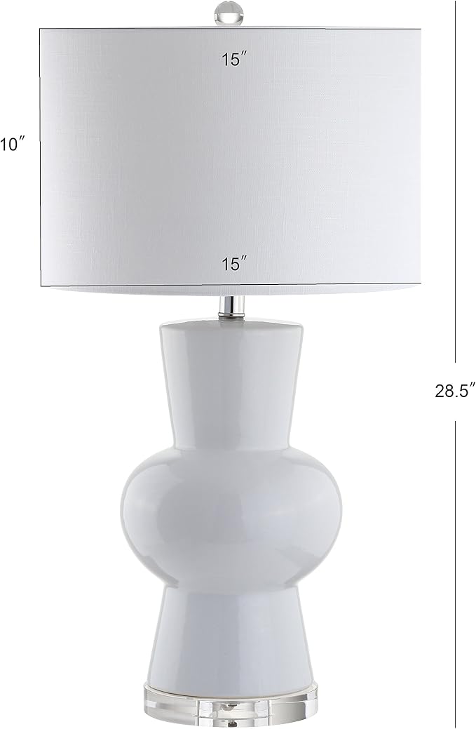 JONATHAN Y 28.5" White Ceramic Table Lamp for Living Room Bedroom Nightstand, Modern Hourglass LED Bedside Lamp with Crystal Base and Linen Shade JYL4027A