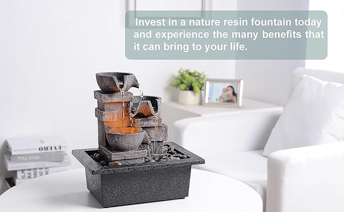 MAOCHI Indoor Fountain 3-Bowl Rockery Soothing Sound Tabletop Fountains Home/Office Decor with Natural River Rocks LED Lights Automatic Watering Pump(22044A)