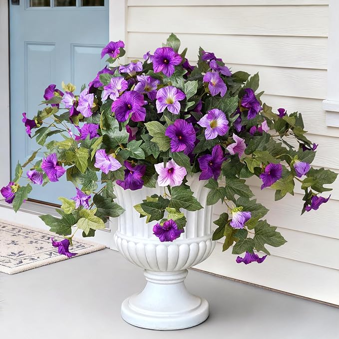 2PCS Artificial Petunia Flowers for Outdoors, Fake Flowers for Outdoor Planters UV Resistant Faux Silk Petunias for Garden Porch Yard Balcony Patio Realistic Home Kitchen Decor(Double Purple)