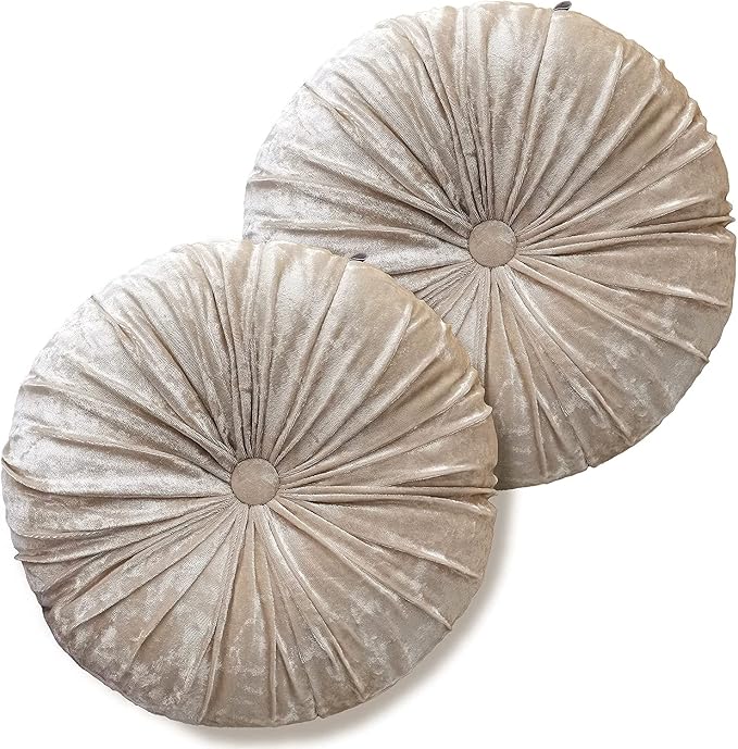 Verpert Pack 2：Round Floor Cushions Pillow, Solid Color Velvet Meditation Cushion Pumpkin Pleated Meditation Pillow for Home Sofa Bed Car Decor Floor Pillow Cushion Beige