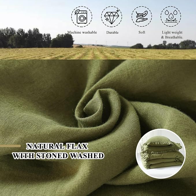 Simple&Opulence 100% Linen Duvet Cover Set, 3 PCS Natural French Flax Ruffle Duvet Cover Queen Size, Breathable Comfy Linen Bedding Comforter Cover with 2 Pillowcases (Olive Green, 88" X 92")