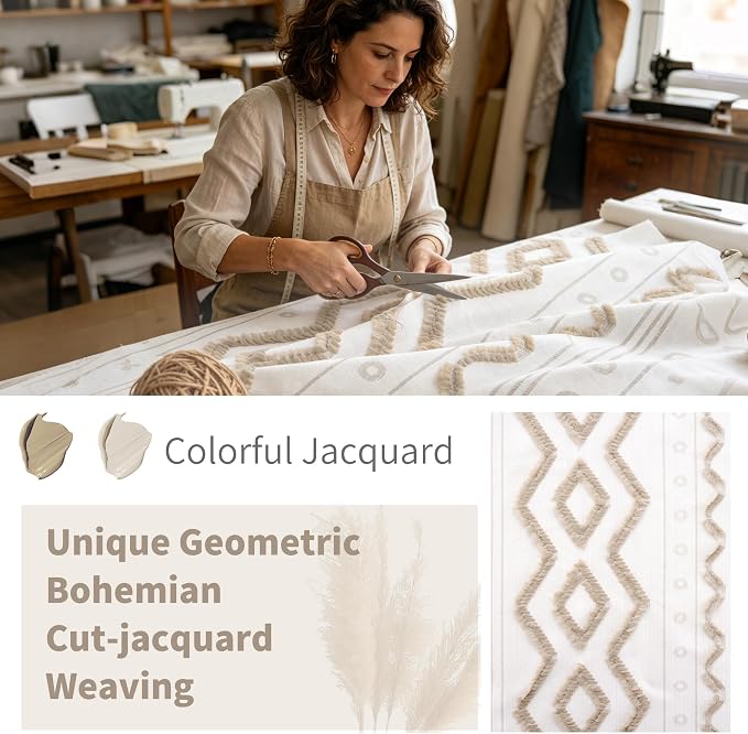 BGment Jacquard Boho Linen Curtains with Tufted Pom Stripe Geometric, Farmhouse Pattern Drapes Grommet for Bedroom Living Room Light Filtering, 2 Panels Set, 52 X 98 Inch