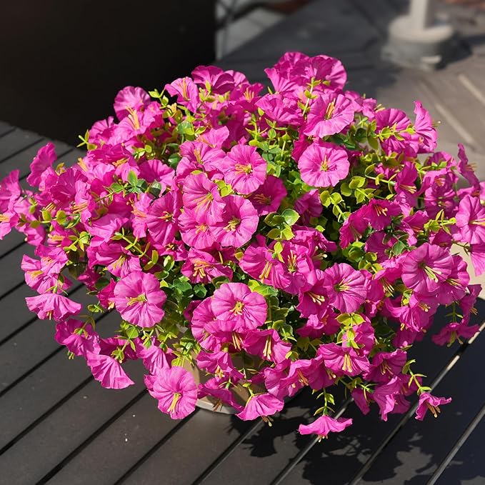 Fanfantoey Artificial Flowers for Outdoor, UV Resistant Fake Plants Outside Decoration, 14 Pcs Realistic Silk Morning Glory Faux Flowers for Porch Patio Gardens Home Decor(Fuchsia)