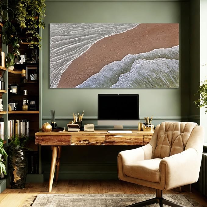 White Ocean Wave Wall Art Decor Neutral Art Beach Canvas Painting Green Pictures Wall Decor Framed Artwork for Living Room Home Office 24"x 48"