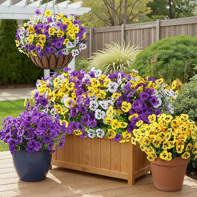 Alupssuc 24 Bundles Artificial Flowers for Outdoors, Fake Spring Flowers for Decoration, UV Resistant Realistic Pansies with Eucalyptus Silk Faux Flowers for Porch Patio Yard, Purple Yellow White
