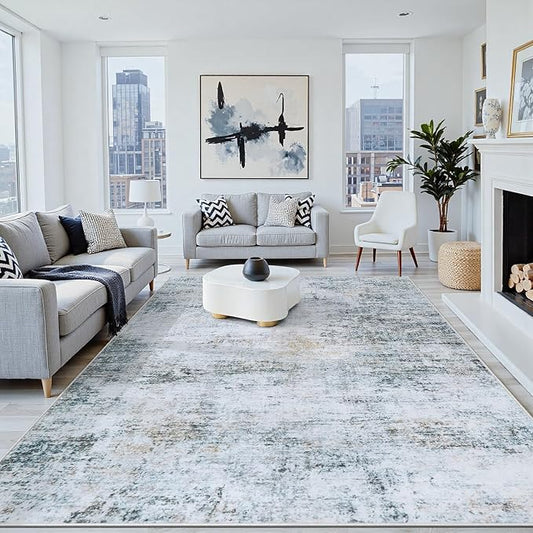 5x7 Area Rugs Washable Rug:Anti-Skid Abstract Modern Living Room Rug Soft Thin Carpets Indoor Floor Non-Shedding Carpet for Bedroom Dining Farmhouse Nursery Home Office(Blue/Grey/Gold/White, 5x7)