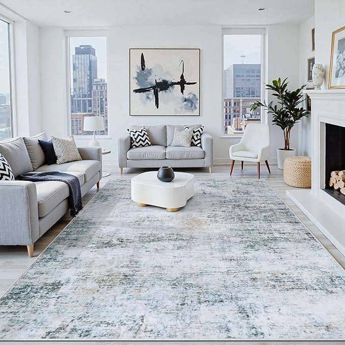 6x9 Area Rugs Washable Rug:Anti-Skid Abstract Modern Living Room Rug Soft Thin Carpets Indoor Floor Non-Shedding Carpet for Bedroom Dining Farmhouse Nursery Home Office(Blue/Grey/Gold/White, 6x9)