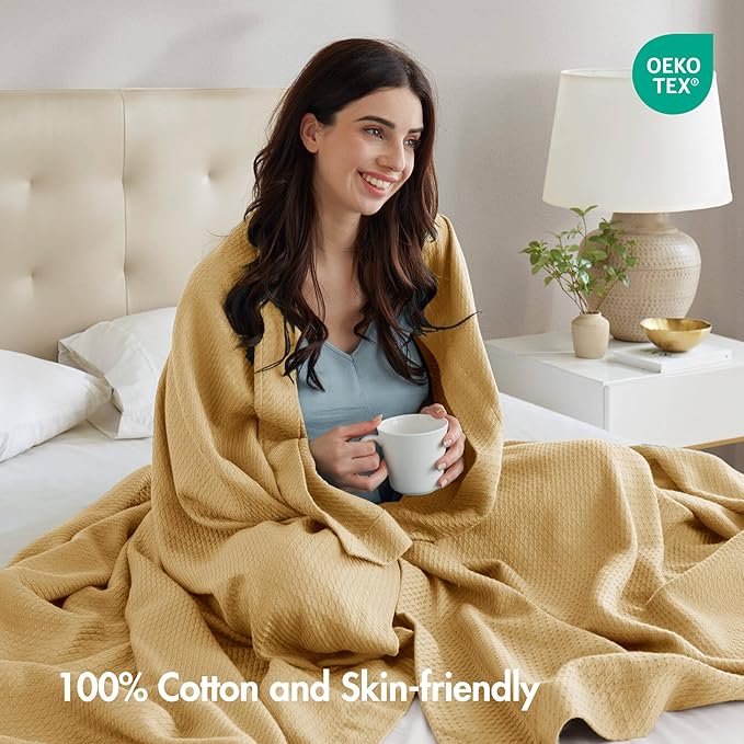 Madison Park 100% Egyptian Cotton Lightweight Summer Blanket, Breathable Waffle Knit Design, Soft Cozy All-Season Throw for Bed, Couch or Sofa, Mustard Yellow Twin Size (66"x90")