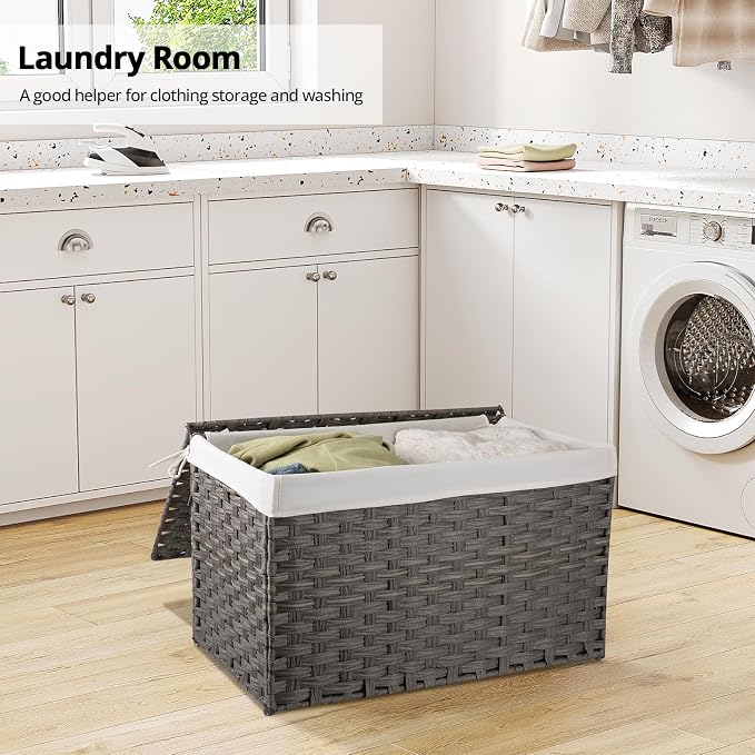 OIAHOMY Storage Basket with Lid, 27.7 Gallon (105L) Blanket Basket with Removable Liner Bag, Synthetic Wicker Hamper with Handle, Large Hamper for Bedroom, Grey